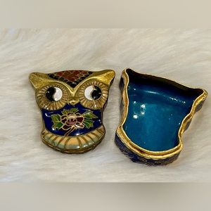 Chinese Enamel & Brass Cloisonne Owl Trinket Box Blue 2" Yin & Yang …